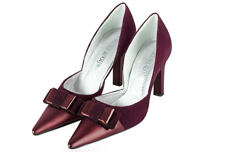Burgundy red women's open arch dress pumps. Pointed toe. Very high slim heel. Front view - Florence KOOIJMAN